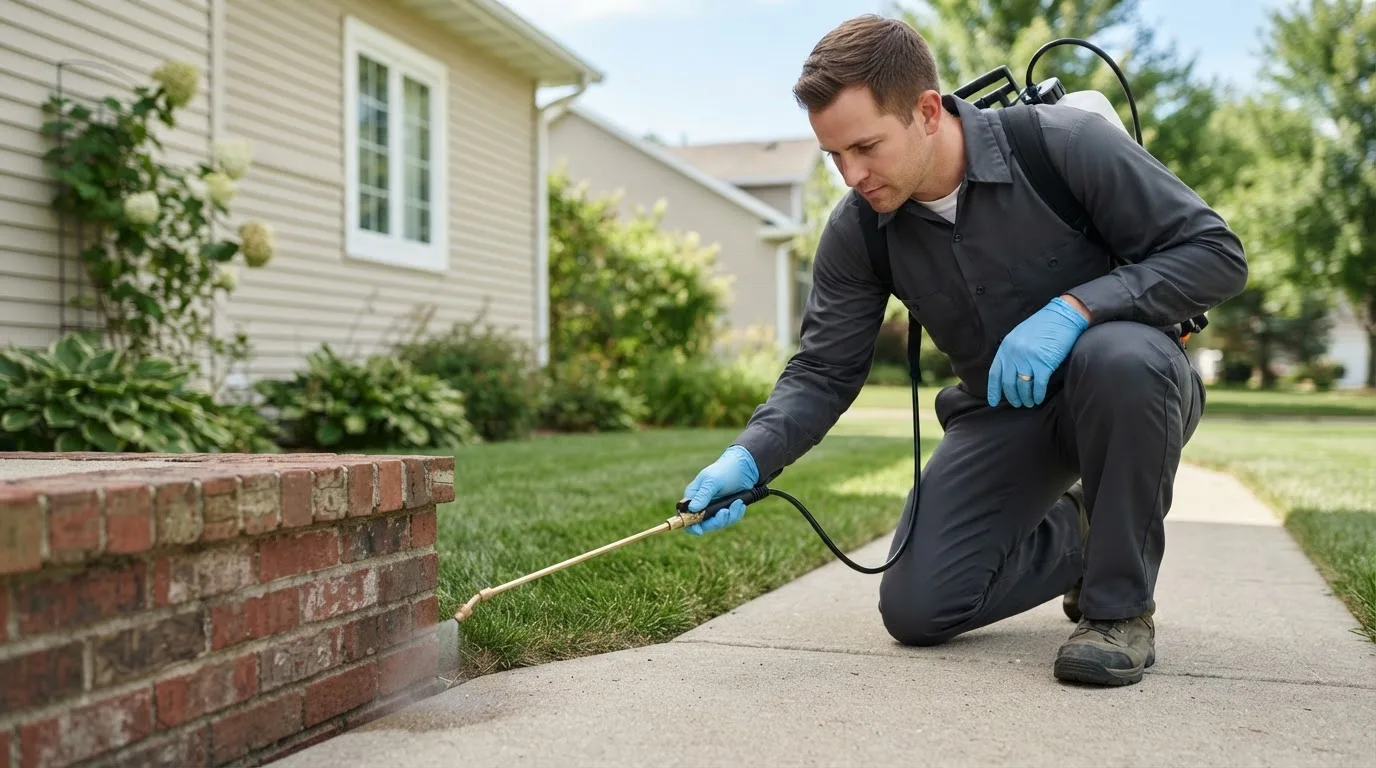 Pest control technician treating a home near Wadsworth, TX